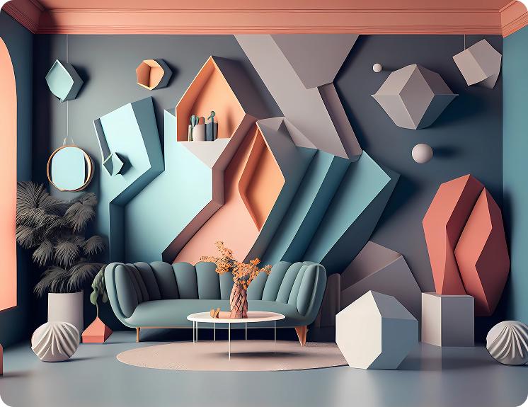 Modern 3D interior design visualization with contemporary furniture and lighting